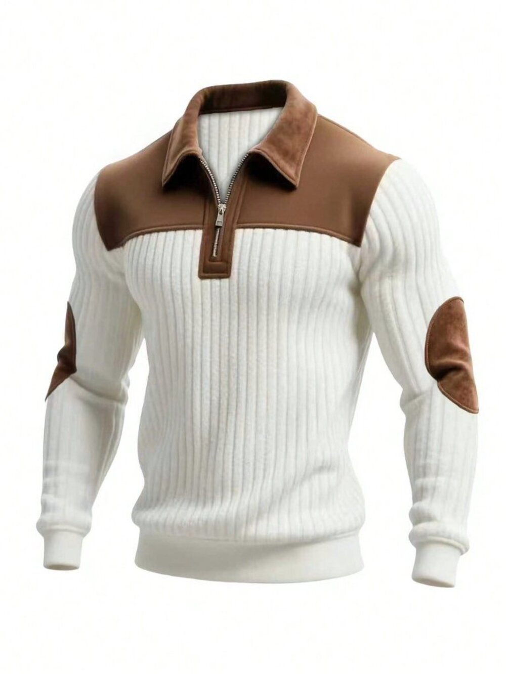 White Casual Men's Colorblock Stand Collar Rib-Knit Regular Fit Sweatshirt